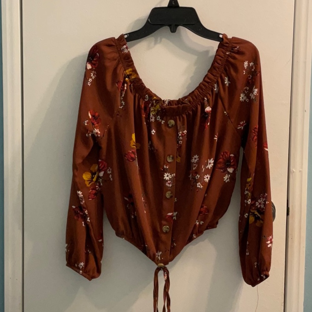 Polly & Esther Red Ruched Tie Front Long Sleeve Blouse